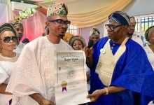 Fatoki Presents Ota Central Lions Club Certificate To Oke-Asiwaju