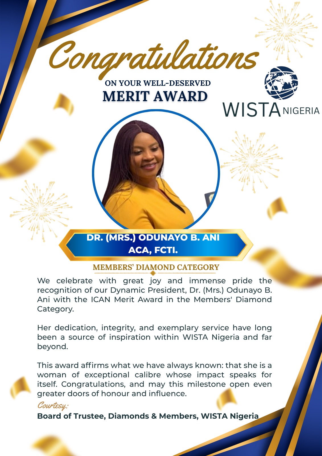 WISTA Nigeria Celebrates President, Dr. Odunayo Ani, On ICAN Merit Award