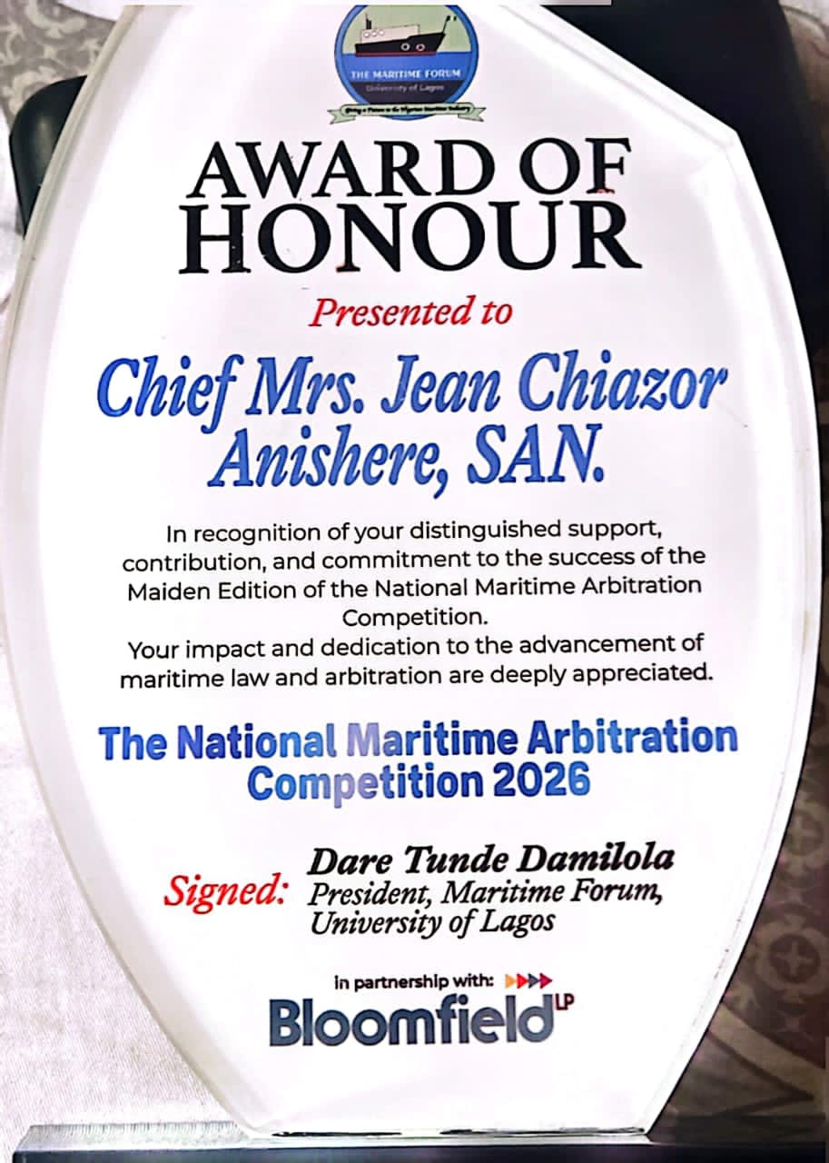 Anishere Honoured for Advancing Maritime Arbitration at UNILAG